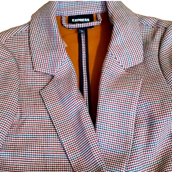 NWT Express Women’s Houndstooth/Plaid Brown, Red & Blue Long Blazer Jacket SZ M - Picture 3 of 6